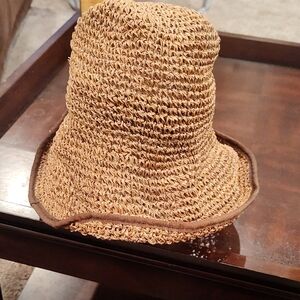 L.L. Bean Tan Woven Straw Sun Hat with Brown Trim